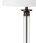 Two Pack 30 Inch Table Lamps In Black And Clear Glass With Metal Column Base And White Linen Drum Shade, Classic Iron Look, LED Bulbs Included, ETL Listed For Safe Living Room Or Bedroom Lighting, close-up of metal column and shade