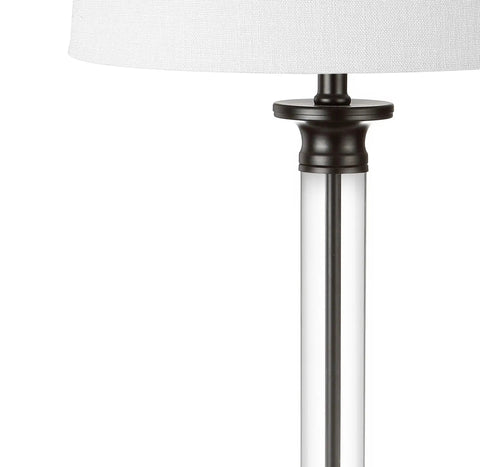 Two Pack 30 Inch Table Lamps In Black And Clear Glass With Metal Column Base And White Linen Drum Shade, Classic Iron Look, LED Bulbs Included, ETL Listed For Safe Living Room Or Bedroom Lighting, close-up of metal column and shade