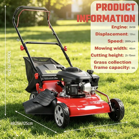 18 Inch Self Propelled Gas Lawn Mower With 131cc DV Engine 8 Cutting Heights Rear Wheel Drive Push Walk Behind 3 In 1 Mulching Side Discharge And Rear Bag Perfect For Yards And Landscaping On Hills And Rough Terrain, red steel deck