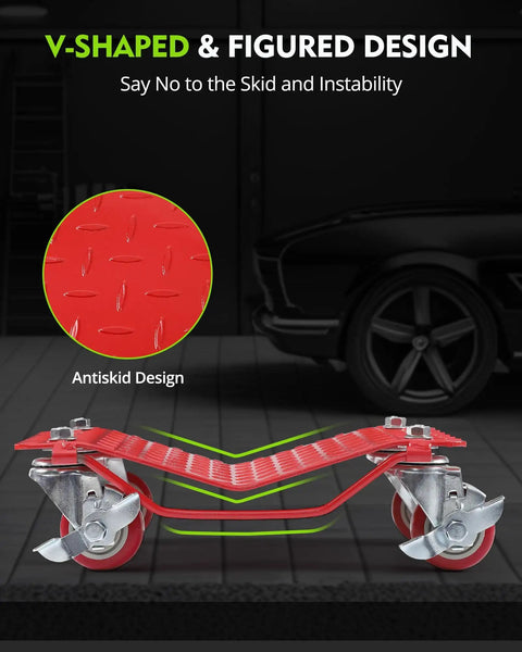 Heavy Duty Carbon Steel Tire Wheel Dollies Set Of 4 Car Movers With Anti Skid Plate And 360 Degree Rotating Wheels 16 By 13 Inches Red Each Supports Up To 1500 Lbs