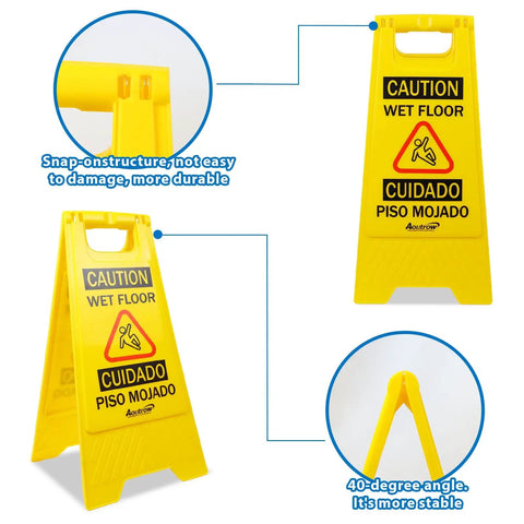 Caution Wet Floor Sign Yellow Double Sided A Frame, Bilingual Foldable Safety Sign 17.12 x 8.38 x 0.94 Inches, Visible From Far