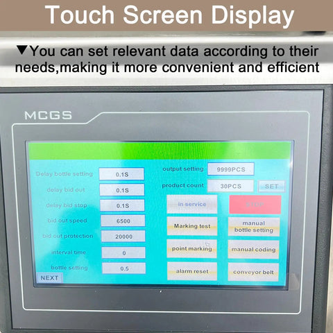 Heavy Duty Desktop Automatic Round Bottle Labeling Machine With Chain Conveyor And Integrated Print Coder For Clear And Gold Foil Labels Works Like A Dream 110V Model touch screen display showing settings and controls.