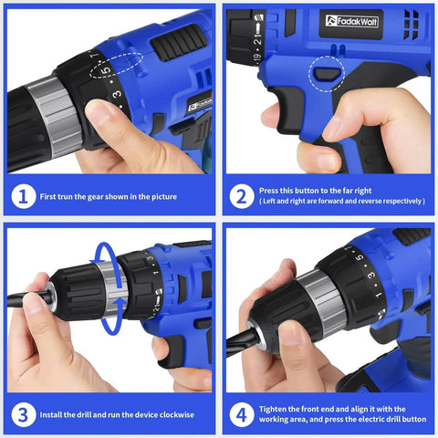 Step-by-step guide to using 20V Cordless Drill Kit With Battery And Charger All In One Set 30 Nm Torque 21 Plus 1 Clutch.