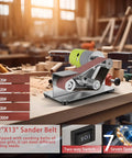 Smooth Operator Mini Belt Sander With 7 Adjustable Speeds And 15 Degree Angle Guide showing 1.2" X 13" sanding belts and speed settings.