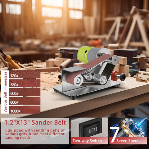 Smooth Operator Mini Belt Sander With 7 Adjustable Speeds And 15 Degree Angle Guide showing 1.2" X 13" sanding belts and speed settings.