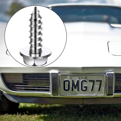 Car front with license plate secured by Stainless Steel License Plate Screws Kit 50 Pcs Rustproof Bolts Three Quarters Inch By One Quarter Inch.