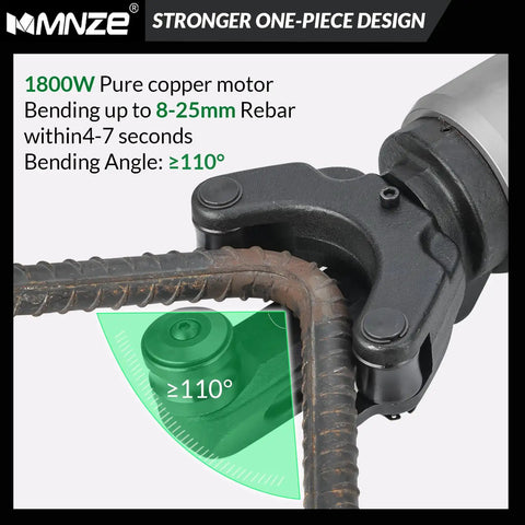 Heavy Duty 1800W Electric Hydraulic Rebar Bender Machine For #8-25mm Rods showing bending angle above 110 degrees with rebar.