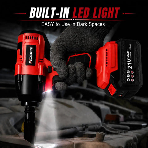 Cordless Impact Wrench Half Inch For Cars And RVs, 600 Nm Maximum Torque, with LED work light in use during repair