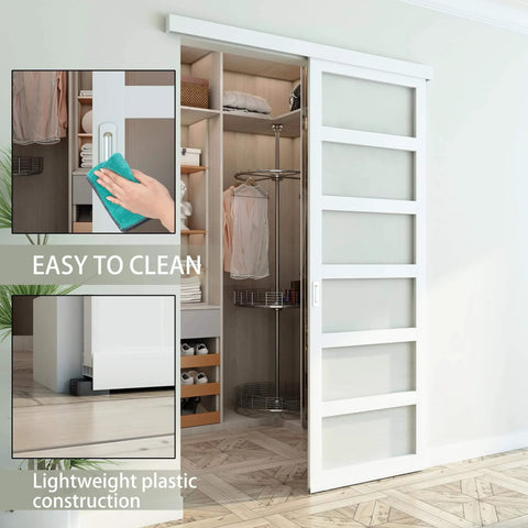 42x84 Inch White PVC Sliding Barn Door With Hardware Kit And Pull Waterproof Acrylic Pane installed in closet