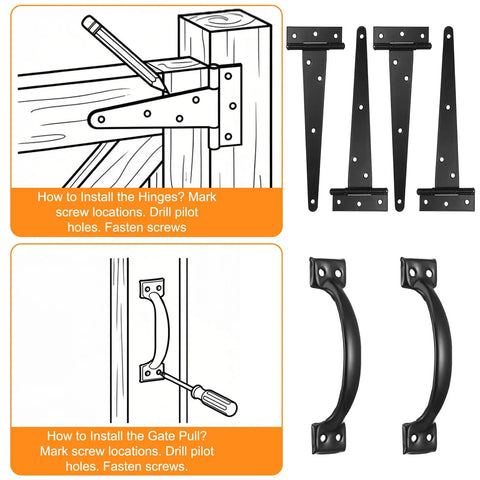Heavy Duty Wood Gate Hardware Kit With Four 8 Inch Hinges Two Self Adjusting Latches Two Door Handles Screws Included Black Finish For Outdoor Fence Swing Gates Easy Install And Durable Outdoor Gate Hardware, black hinges and pull handles