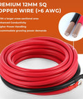 Premium 12mm SQ copper wire (red and black) roll for enhanced conductivity and power handling in RVs and boats.