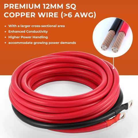 Premium 12mm SQ copper wire (red and black) roll for enhanced conductivity and power handling in RVs and boats.