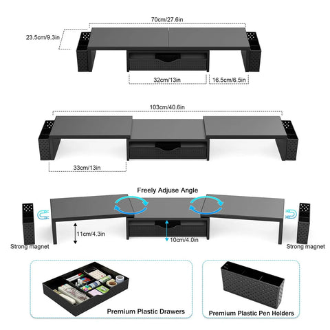 Dual Monitor Stand Riser With Drawer And Pen Holders Desk Organizer And Book Racks For Office Desk Accessories in Black