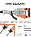 Heavy Duty Electric Jack Hammer Delivers 1700 Watts Of Knockout Punch At 1900 Bpm To Rip Through Concrete And Brick Handles Demolition Easy, showcasing product specifications and included tools.