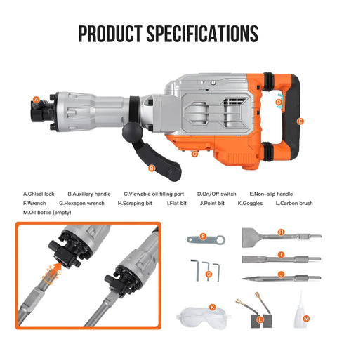 Heavy Duty Electric Jack Hammer Delivers 1700 Watts Of Knockout Punch At 1900 Bpm To Rip Through Concrete And Brick Handles Demolition Easy, showcasing product specifications and included tools.