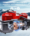 Beefy Dual Cylinder Tire Inflator Air Compressor 150 PSI 12V DC Portable Car Pump With LED Light shown with speed features