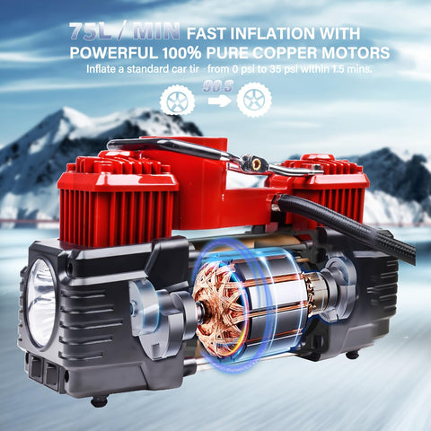 Beefy Dual Cylinder Tire Inflator Air Compressor 150 PSI 12V DC Portable Car Pump With LED Light shown with speed features