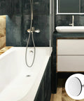 Adjustable Bathtub Drain Plug Silver Copper with Rotary Mechanism displayed in modern bathroom setting with tub and sink.