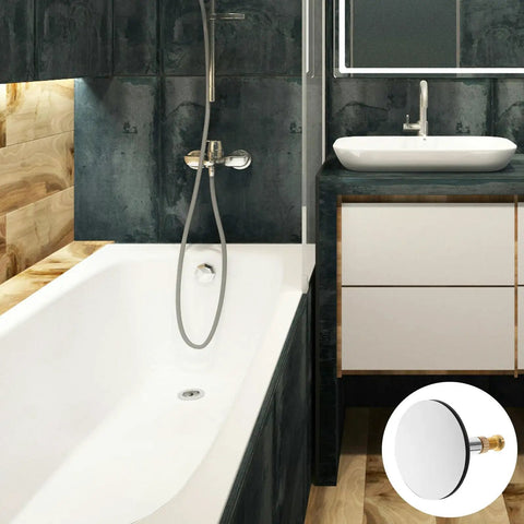Adjustable Bathtub Drain Plug Silver Copper with Rotary Mechanism displayed in modern bathroom setting with tub and sink.