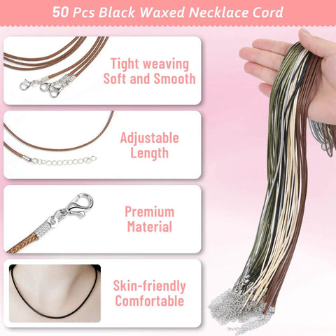 Close-up of Fifty Pack Waxed Cotton Necklace Cords with Clasp 24 Inch Bulk Good Value For Jewelry Making Charms Pendants.