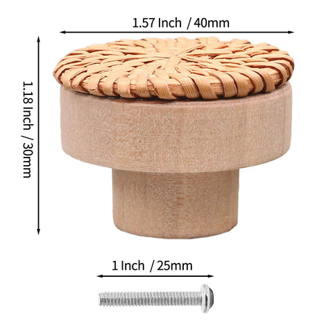 12 Pack Brown Boho Rattan Dresser Knobs With Screws Included, 40mm By 30mm Cabinet Drawer Knobs, Natural Wood Pulls For Furniture, Rustic Modern Vibe, Durable Solid Wood Construction, Smooth Finish, Easy Install. 40mm x 30mm wooden knob with 25mm screw