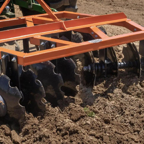 3 Point 6-Foot Notched Disc Harrow Plow Attachment For Cat 1 Tractors With 16-Inch Notched Discs in a field