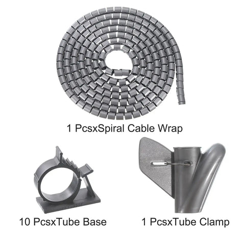 Spiral Tube Wrap Cable Kit For Quick Cable Management 5M Length 16mm Diameter Flexible PE Gray Sleeve with bases and clamps