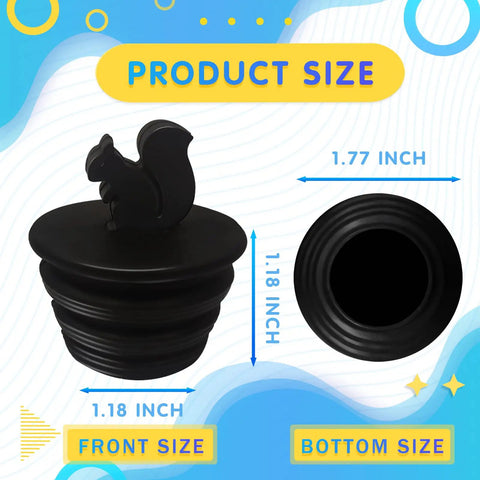 Two Pack Black Silicone Tub Stopper Shaped Like A Squirrel For Bathtub Shower And Kitchen Sink Drains with size dimensions.