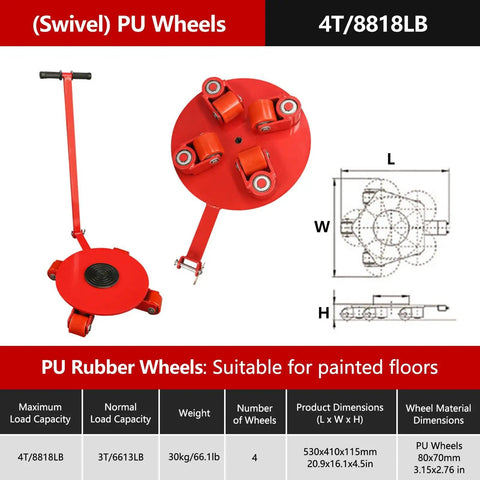 Heavy Duty Universal Machine Mover Dolly With 360 Degree Swivel Wheels And Sturdy Handle for Moving Heavy Equipment in Factory or Warehouse Setting with PU Casters.