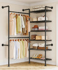 Industrial Pipe Wall Mounted Closet System With Retractable Rods And Heavy Duty Metal Mesh Shelves Hella Sturdy Vintage Black garment organizer with clothes and shelves.
