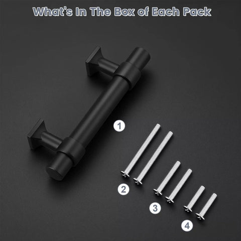 Matte Black Cabinet Pulls 5 Pack With 2.5 Inch Hole Centers T Bar Drawer Pulls and screws displayed