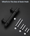 Package contents showing a matte black 6 pack stainless steel cabinet handle, screws, and accessories.