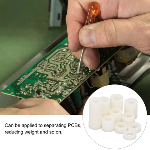 Round Nylon Standoff And Spacer Kit For PCB Board Mounting And Electrical Insulation In A Durable Storage Container, 150 Piece Nylon Standoffs And Spacers For Easy Mounting, Precise Spacing, And Component Clearance. PCB assembly with nylon spacers