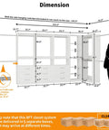 L Shaped Corner Closet System With Nine Roomy Drawers And Spacious Open Shelves dimensions illustration with measurements in white.