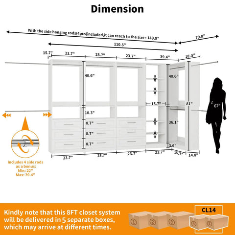 L Shaped Corner Closet System With Nine Roomy Drawers And Spacious Open Shelves dimensions illustration with measurements in white.