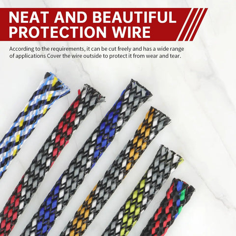Braided Wire Sleeve Set For Cable Protection And Wire Management No Fuss Easy Protection Insulated PET Cotton Sleeving red, blue, black