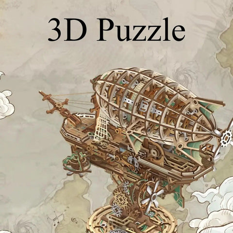 3D Wooden Airship Puzzle For Adults, Steampunk Vibe Fantasy Model Kit, showcasing intricate mortise and tenon design details