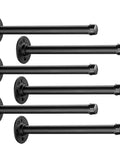 Industrial Black Iron Pipe Shelf Brackets Set Of 12 10.3 Inch Vintage Wall Mount DIY Shelving Brackets For Rustic Home Decor Tough As Nails Steel Pipe Shelving Supports Fits Boards Up To 8.86 Inches Boards Not Included, six brackets visible