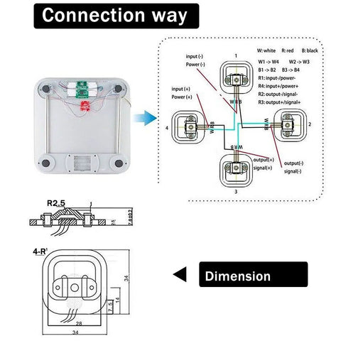 4 Pack 50Kg Half Bridge Load Cell Sensor Kit With HX711 AD Module For DIY Weight Scales wiring and dimension diagram