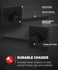 Casey Interior Privacy Door Lever With Lock For Bathroom And Bedroom Matte Black Reversible Turn Lock With Inside Release Tool Microban Protection Easy DIY Install With A Standard Screwdriver detailed view showing solid metal handle and turn button.