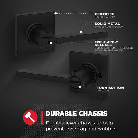 Casey Interior Privacy Door Lever With Lock For Bathroom And Bedroom Matte Black Reversible Turn Lock With Inside Release Tool Microban Protection Easy DIY Install With A Standard Screwdriver detailed view showing solid metal handle and turn button.