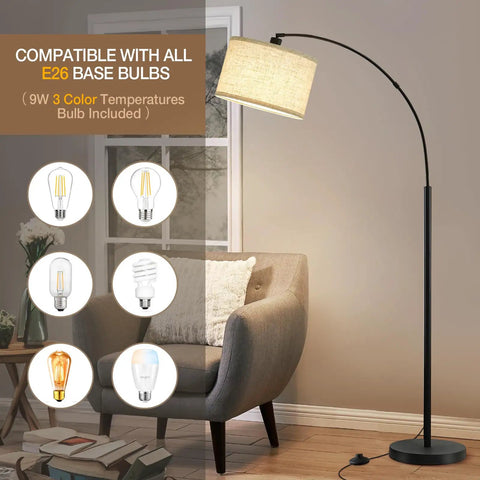 Arched 71 Inch Floor Lamp With Fully Dimmable 0 To 100 Percent Light And Foot Pedal Switch Adjustable Head in living room.