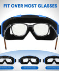 Heavy Duty 2 Pack Tactical Security Eyewear With Quick Snap Lenses For Operating Lawnmowers Dirtbikes ATV showing fit over most glasses design.