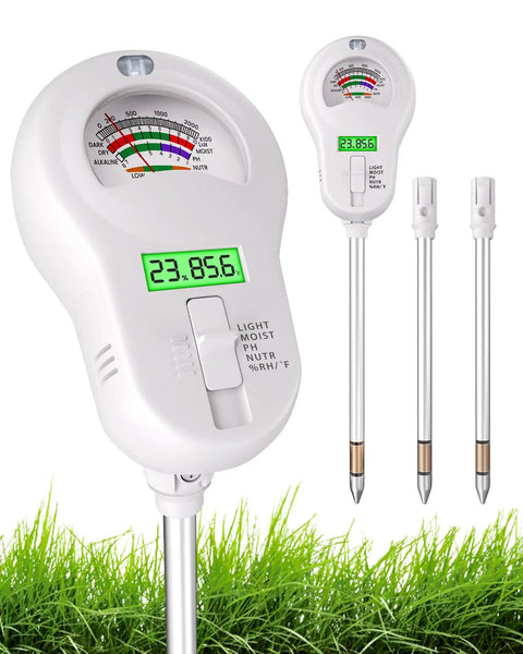 6 In 1 Soil Tester With Three Probes For Moisture, PH, Fertility, Sunlight, Temperature And Humidity with digital display