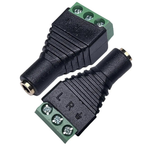 No Sweat Three Point Five Millimeter Stereo Jack To Screw Terminal Adapter For Quick Wiring Builds Sweet For Do It Yourself Audio Projects with black and green connectors.