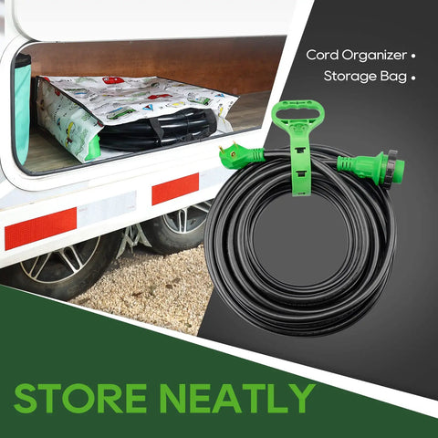 Heavy Duty 30 Amp 50 Foot RV Power Extension Cord With Locking TT-30P Male And L5-30R Female Connectors, Weather Resistant 10 Gauge 3 Wire STW Jacket, Durable Strain Relief For Campsites And RV Parks, coiled with green ends in storage bag