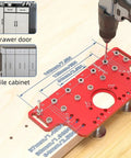 Top Tier 2 In 1 Shelf Pin And Cabinet Hinge Jig Kit Crafted From Solid Aluminum With Four Hardened Steel Drill Bits For No Sweat Hole Placement On Any Weekend Carpentry Or House Upgrade Project, showing drilling guide and measurements.