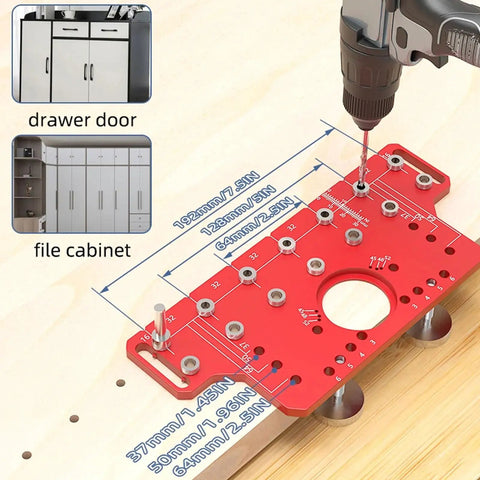 Top Tier 2 In 1 Shelf Pin And Cabinet Hinge Jig Kit Crafted From Solid Aluminum With Four Hardened Steel Drill Bits For No Sweat Hole Placement On Any Weekend Carpentry Or House Upgrade Project, showing drilling guide and measurements.