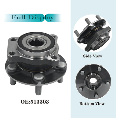 Front Wheel Hub And Bearing Assembly For 2009 To 2014 Forester Outback Impreza Legacy XV Crosstrek 5 Lug With ABS Direct Fit Replacement Durable Wheel Bearing Unit Easy Install Bolt In For Subarus with side and bottom views