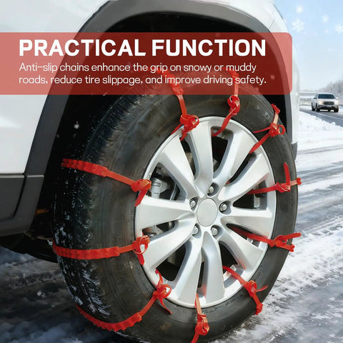 Wicked Strong 20 Pack Plastic Snow Tire Chains For Cars SUVs Trucks mounted on vehicle tire for better traction in snow.